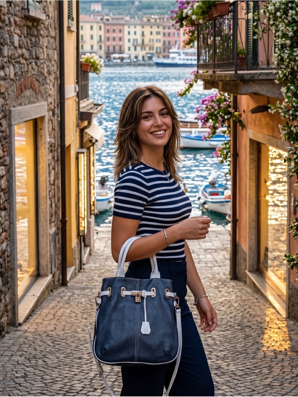 Vera Pelle Navy Blue and White Leather Tote Bag